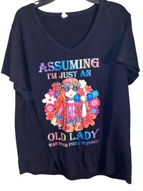 Women’s black v-neck t-shirt featuring a "hippie chick" graphic   SZ L